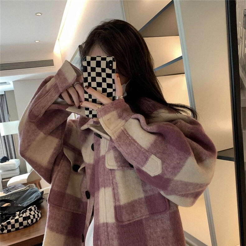 衬衫式毛呢格子外套，女装衬衫，XTZ style