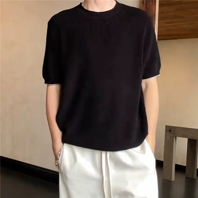 老钱风亚麻针织短袖男夏季松弛感透气圆领t恤美式复古半袖针织衫,男装T恤,星座1210-1