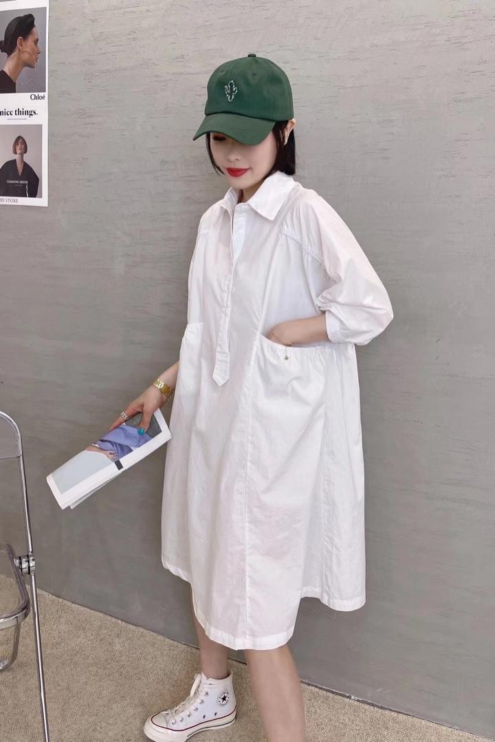XL9906新款高级感大口袋套头抽褶长款短袖宽松韩版衬衫裙,女装衬衫,L·H·X