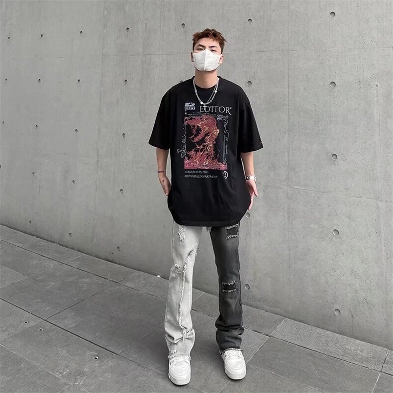 港风潮男夏季新款2025个性字母牛仔裤嘻哈ins潮高街潮流痞帅长裤,男装牛仔裤,星座1210-1