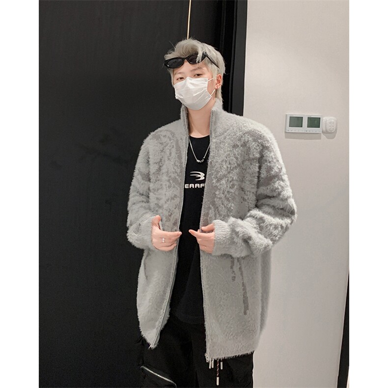 CL9865-P63秋冬季蝴蝶提花立领开衫毛衣男潮牌慵懒宽松针织外套,男装针织衫/毛衣,电商C233