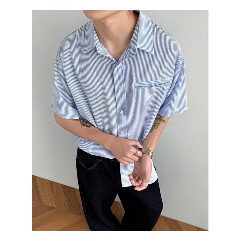 夏季简约设计商务纯色蓝色条纹短袖衬衫上班休闲衬衣男,男装T恤,四季星座505