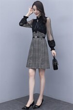 2021春季新款简约时优雅气质蕾丝拼接格子修身假两件套连衣裙，女装连衣裙，瑶迪依秀