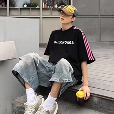 抖音得物品质二开240克宽松纯棉美式潮牌印花三条杠中性风短袖T恤，男装T恤，电商A486-1
