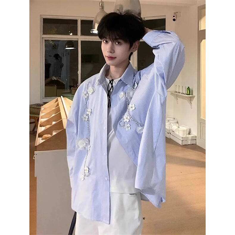 立体订花衬衫长袖条纹衬衣高级感新中式外套CS22546特P59,男装衬衫,星座908-1