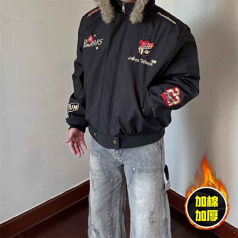 现货高品质美式高街重磅刺绣座山雕大毛毛领棉衣男女加厚棉服外套，男装棉衣，电商A443