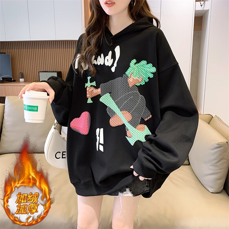 A8386复合350克保暖加绒加厚前后发泡印花宽松连帽卫衣女P58，女装卫衣/绒衫，星座309B-2