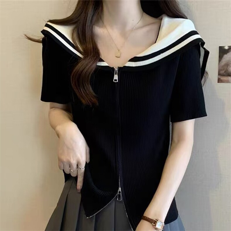 夏季时尚百搭显瘦冰丝亚麻海军领拉链开衫短袖,女装T恤,暖姿羊绒