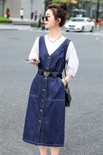 2022韩版时尚新品牛仔背带裙修身显瘦气质长裙百搭潮流女装连衣裙，女装连衣裙，钱塘布衣