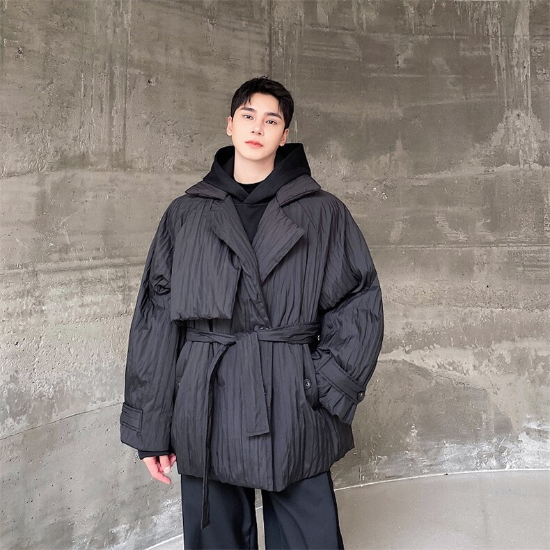 冬季加厚80白鸭绒羽绒服中长款阔型保暖翻领褶皱高级感图片