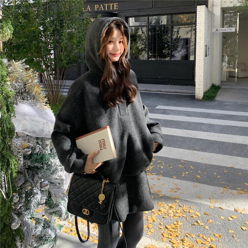 韩系休闲学院风连帽卫衣套装女2025冬休闲加厚保暖半身裙两件套潮,女装套装/套裙,维壹