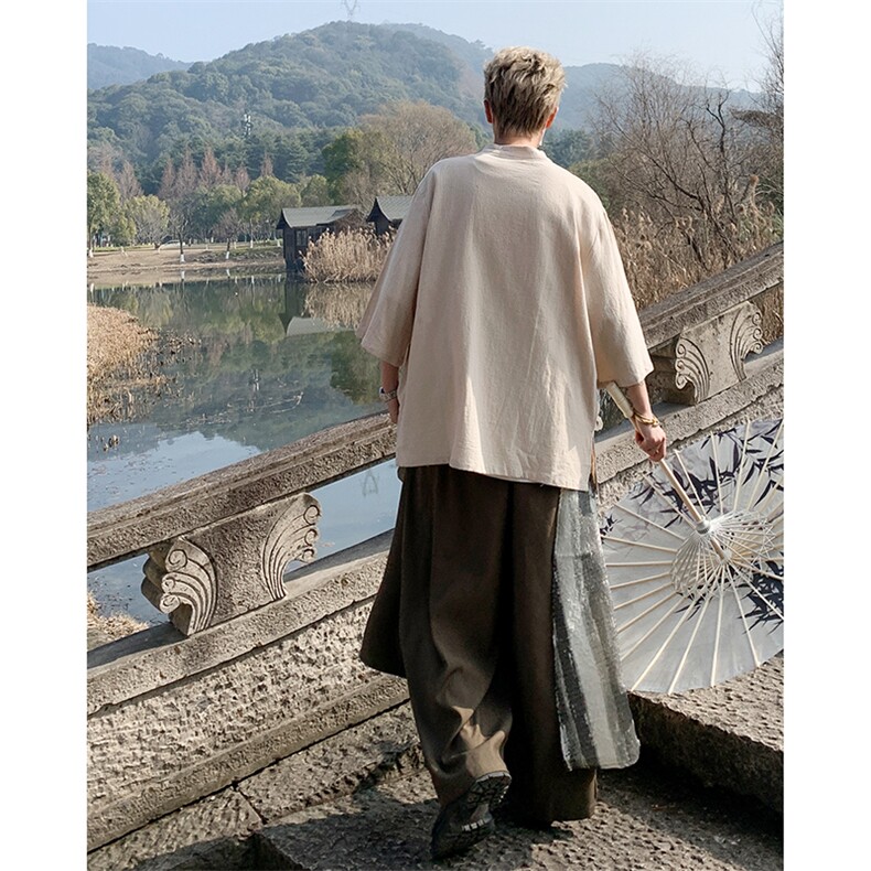 七分袖衬衫新中式男风复古盘扣宽松亚麻唐装衬衣S45388-p45,男装衬衫,星座1008