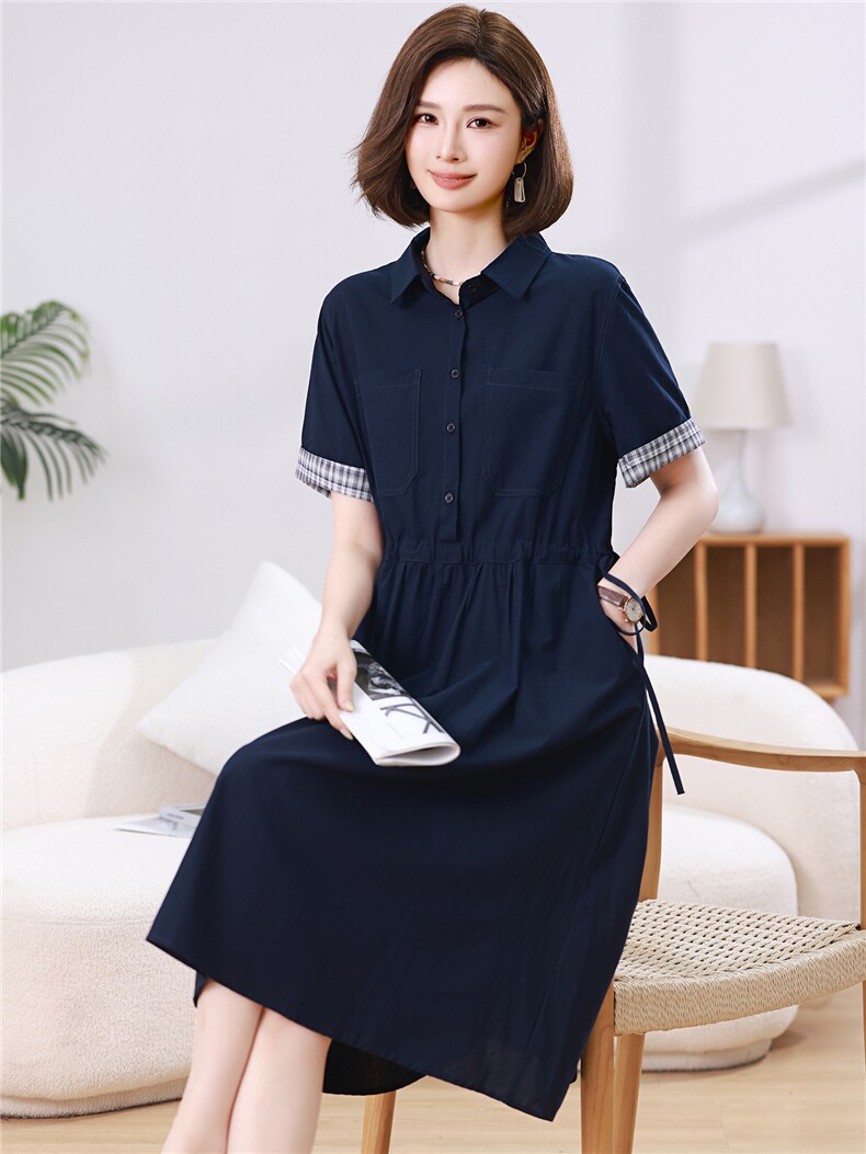 2026年夏季圆领纯色宽松腰时尚短袖简约百搭个性中长款,女装连衣裙,江忆布依