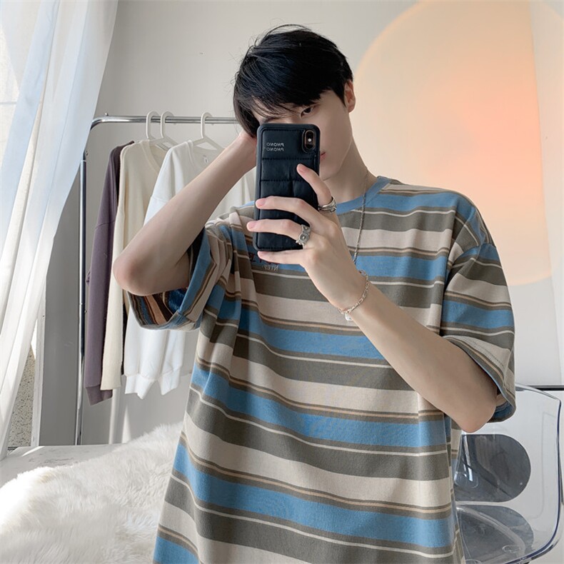 C396-P382024夏季新款撞色彩虹条纹t恤男潮牌百搭宽松短袖现货,男装T恤,星座512-6