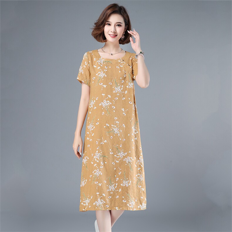 2021年夏季中长款通勤A字裙旗袍妈妈装连衣裙印花圆领套头裙子,女装连衣裙,伊满意