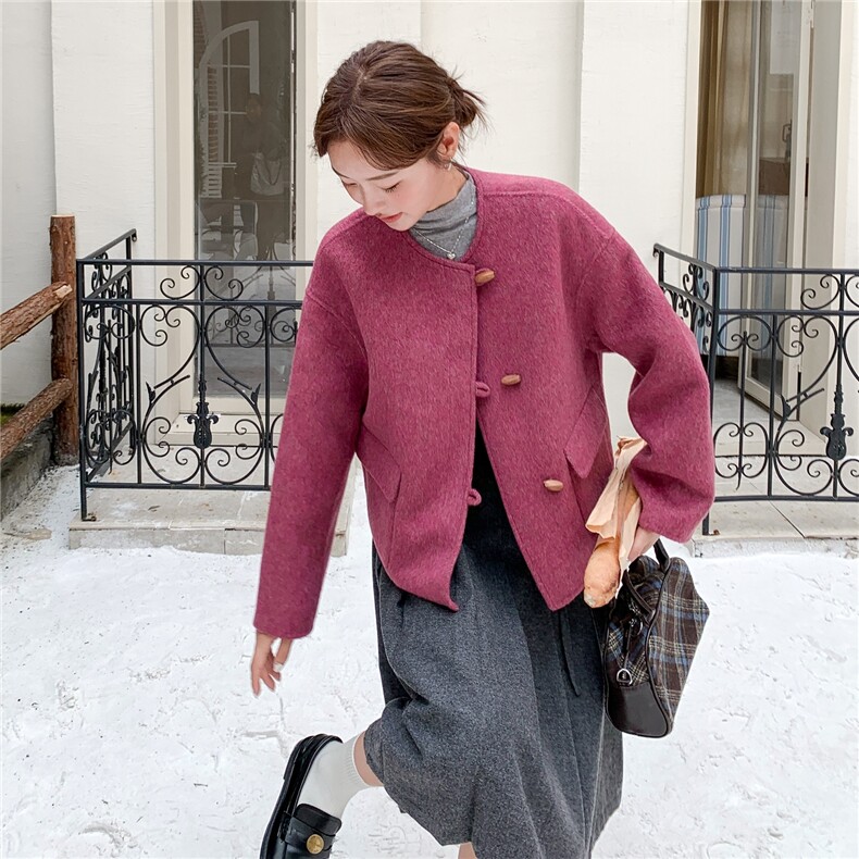 牛角扣玫粉色双面呢羊毛短外套女冬季2025新款小个子流行爆款超火,女装毛呢外套,2C261
