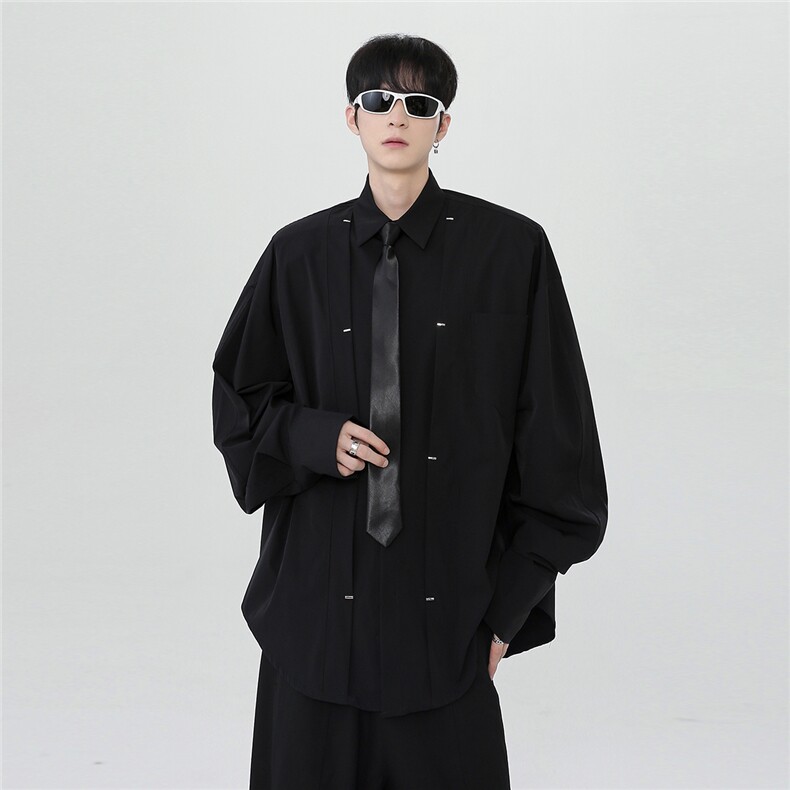 现货 原创小众金属铆钉拼接衬衫男褶皱设计感简约开衫 CS27-P68图片