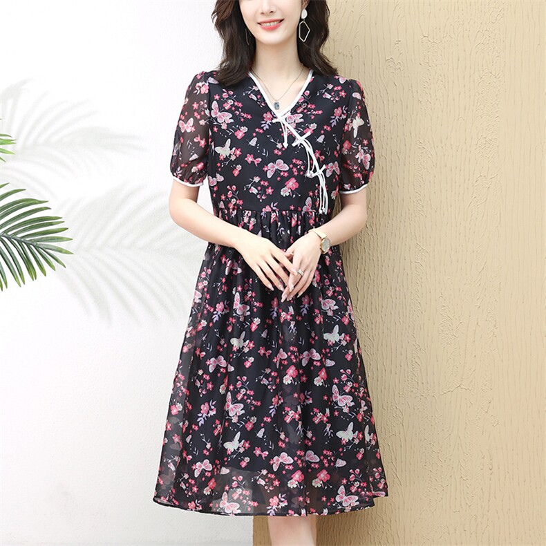 2022年夏季优雅舒适盘扣斜边凉爽有范连衣裙,女装连衣裙,梦芯尔