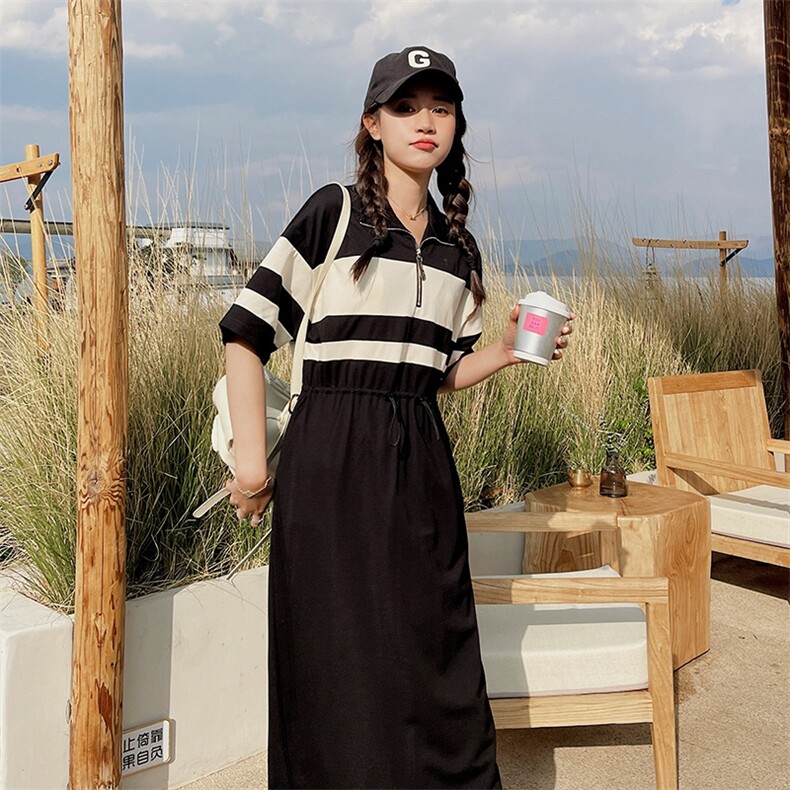 黑白拼接polo领连衣裙女2025夏季新款韩系休闲收腰显瘦直筒T恤裙,女装连衣裙,2C051