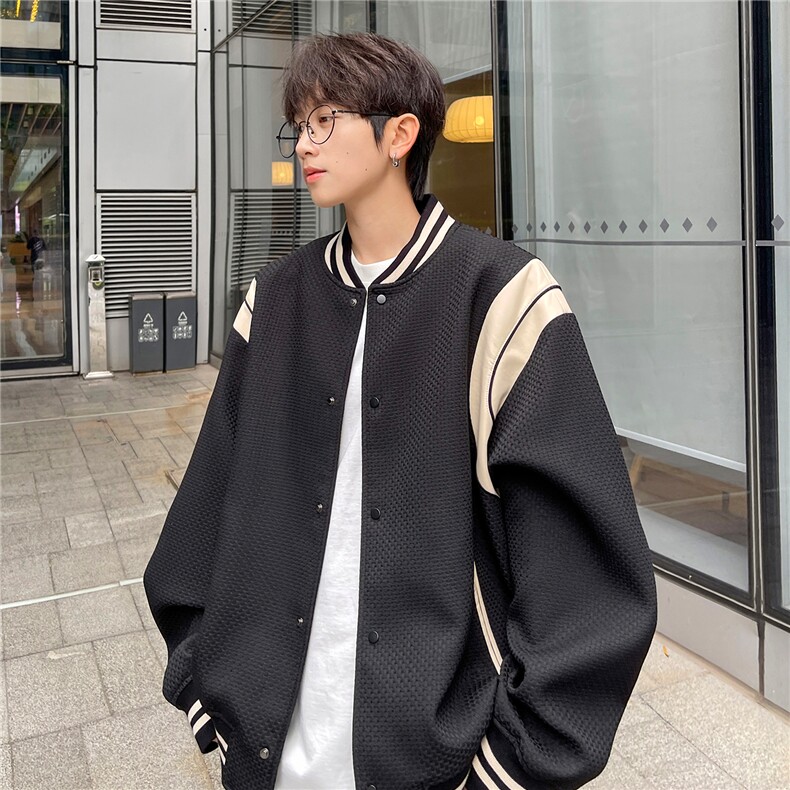 主推港风小香风棒球服撞色拼接PU皮外套复古夹克男H873P108,男装夹克,电商A341
