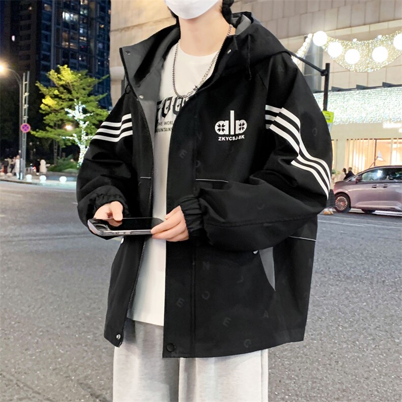 外套男学生潮流三条杠连帽夹克春秋青少年帅气冲锋A436-2681-P75,男装夹克,电商A436