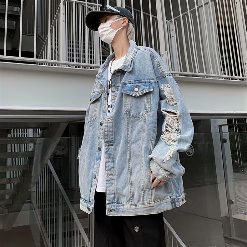 牛仔外套男秋季宽松高级感痞帅欧美休闲春秋款破洞夹克JK8829,男装夹克,星座1116A-1（原606A）