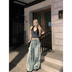 美式复古做旧水洗牛仔裤子女慵懒风春秋流苏毛边拖地裤N7796，男装牛仔裤，星座1116A（原606A-3）