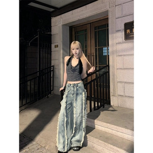 美式复古做旧水洗牛仔裤子女慵懒风春秋流苏毛边拖地裤 N7796图片