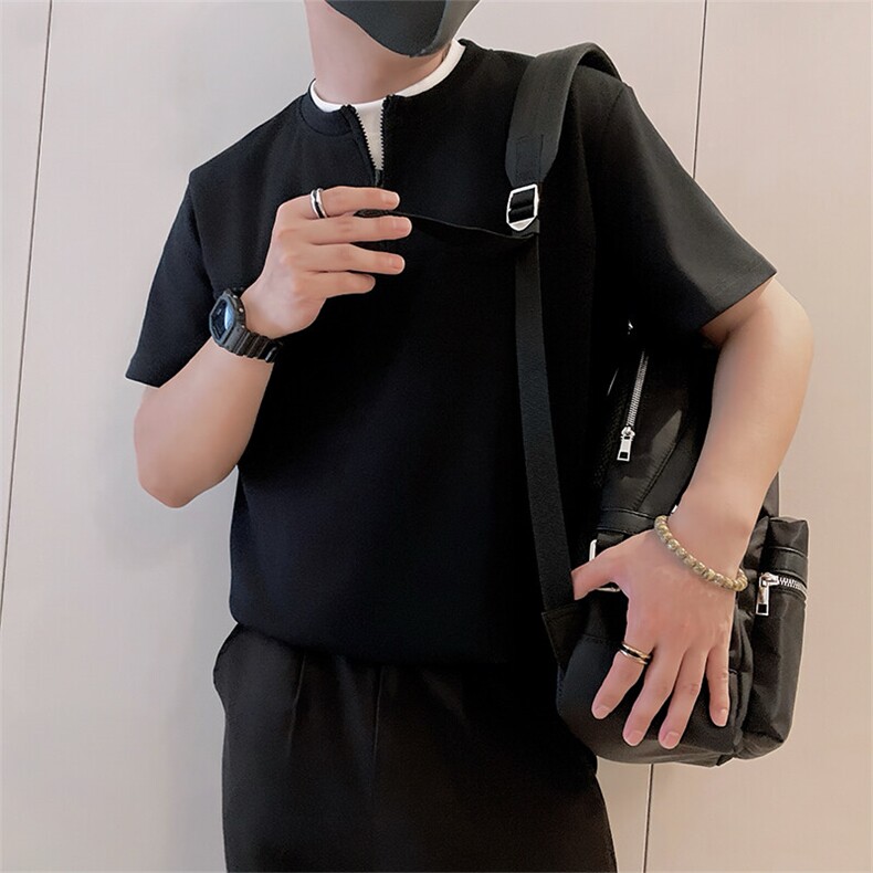 8972/P58控78夏季小伙假两件半拉链短袖T恤男轻奢老钱风上衣黑色1,男装T恤,星座305B