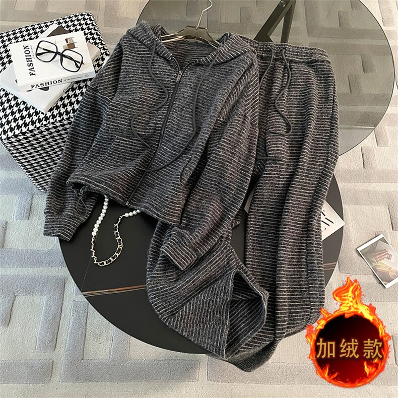 时尚加绒宽松显瘦运动卫衣阔腿裤两件套,女装套装/套裙,江南