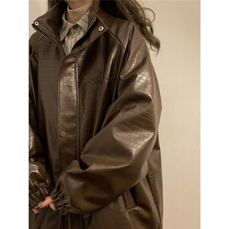 大码pu皮衣夹克钢印美式女复古oversize显瘦设计感情侣机车外套秋，女装短外套，星座226-2