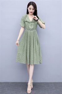 2021年夏季 雪纺 套头 V领 碎花 松紧腰 短袖 中长款连衣裙图片