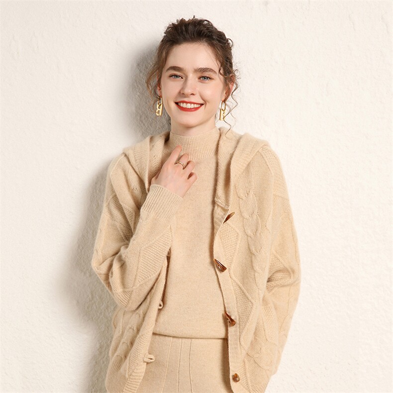 2024春秋装新款简约连帽纯色显瘦女士35%羊绒衫，女装羊绒衫，绒源之鑫