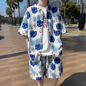 夏日大码套装宽松花衬衫男短袖痞帅休闲上衣两件套衣25裤20/TP45图片