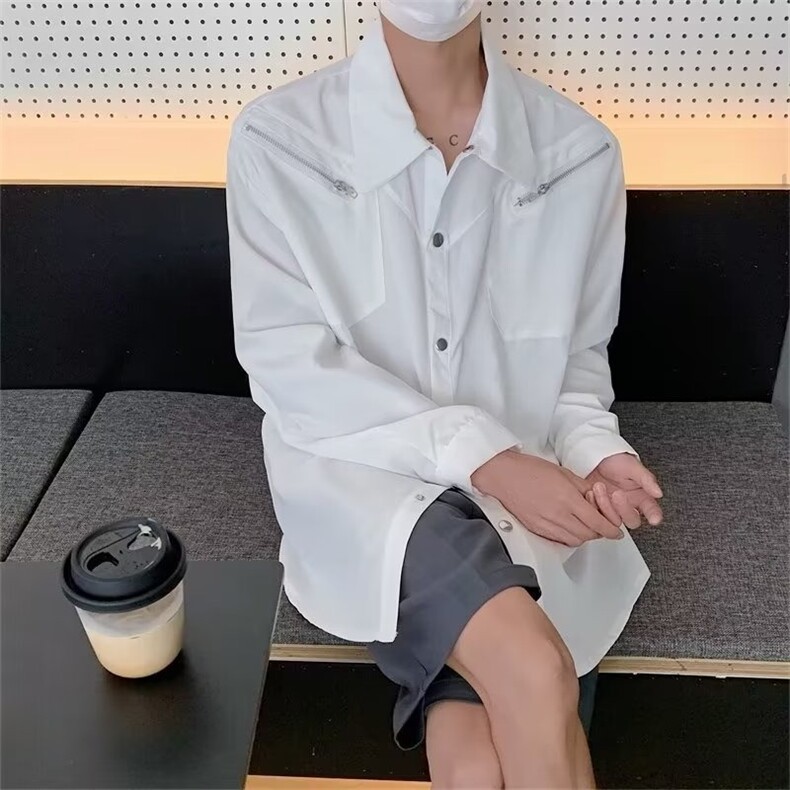2024夏秋拉链衬衫男女纯色休闲流行设计感垂感宽松白衬衣C658/P48,男装衬衫,星座506