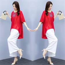 2021夏季新款简约气质圆领时尚宽松休闲舒适图案刺绣棉麻两件套，女装套装/套裙，韩宇舍