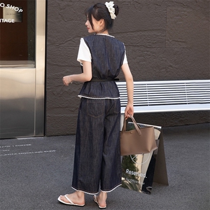 BAO高端2025早春新款宽松显瘦休闲拼蕾丝系腰带阔腿裤牛仔套装女
