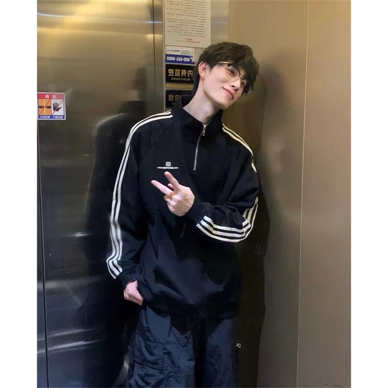 抖音得物美式全棉三条杠立领卫衣半拉链外套印花卫衣A2902,女装短外套,电商A443
