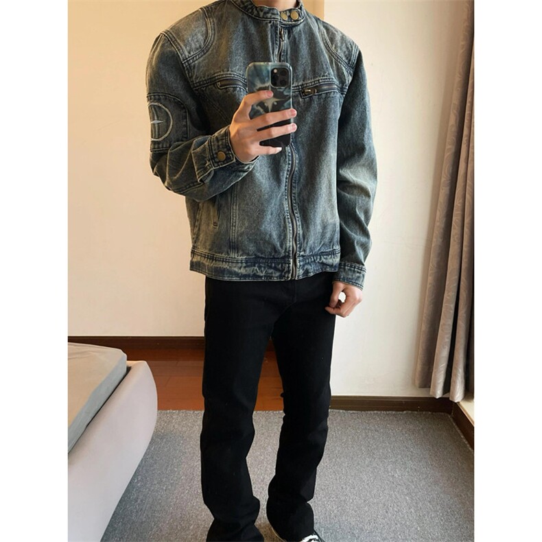 美式复古做旧水洗牛仔外套男立领拉链刺绣机车夹克男JK3162,男装夹克,星座1116A（原606A-3）