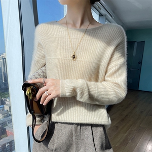 加厚抽条山羊绒衫女圆领秋冬款羊毛针织毛衣宽松显瘦纯色打底衫图片