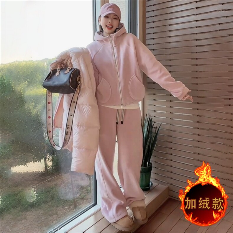 慵懒风休闲套装女秋冬新款双口袋拉链开衫连帽卫衣直筒长裤两件套,女装套装/套裙,江南