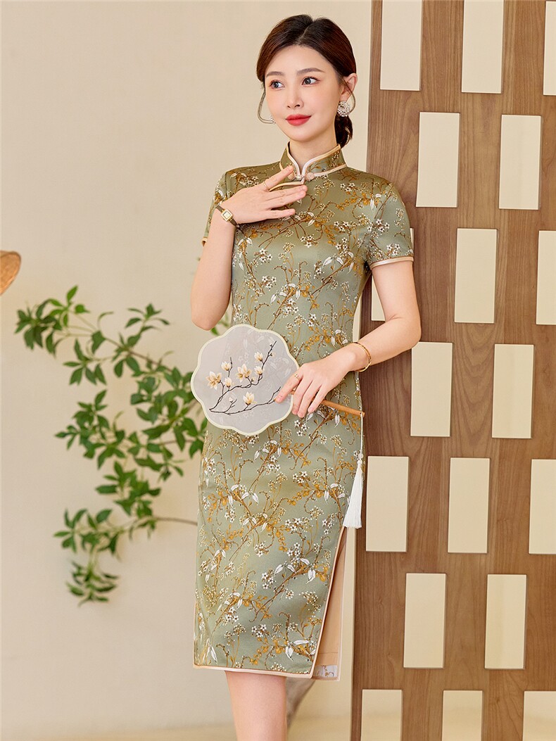 杭州品质真丝中长裙复古印花连衣裙女春夏日常修身潮流真丝旗袍,女装汉服/婚纱/旗袍/礼服,小荷流