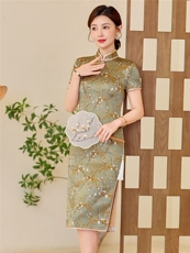 杭州品质真丝中长裙复古印花连衣裙女春夏日常修身潮流真丝旗袍，女装汉服/婚纱/旗袍/礼服，小荷流
