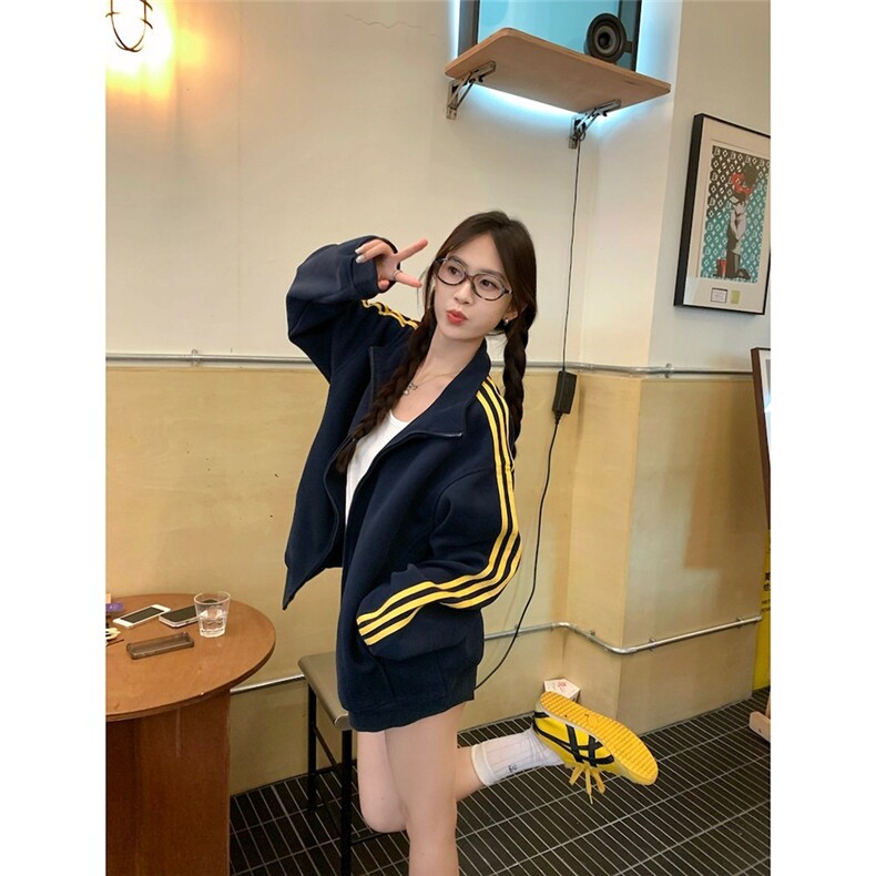 立领藏青色条纹卫衣外套男女春秋oversize美式双拉链开衫长袖上衣,男装夹克,星座1210-1