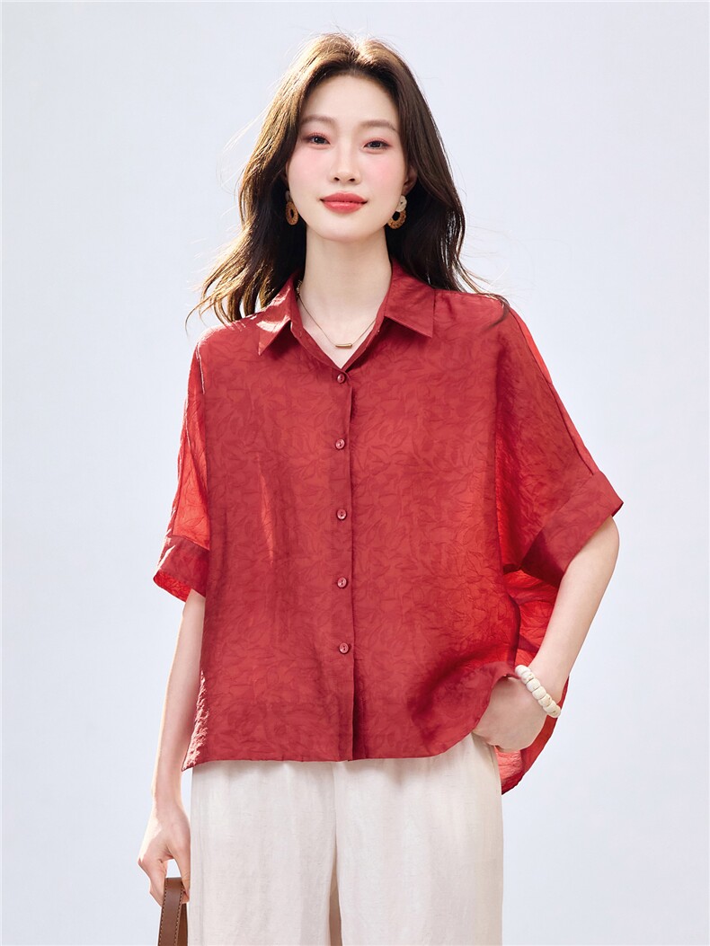 长期现货2026夏季新款提花衬衫女中老年妈妈装宽松天丝T恤上衣潮,女装衬衫,璐依舞