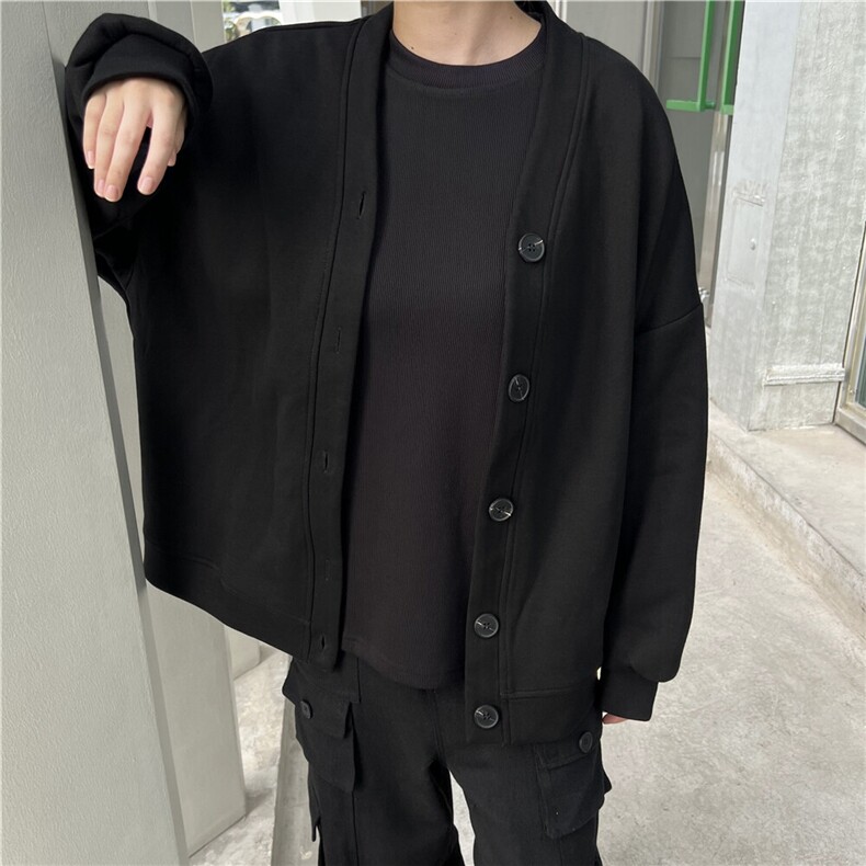 现货百搭纯色情侣开衫慵懒V领廓形外套男女图片