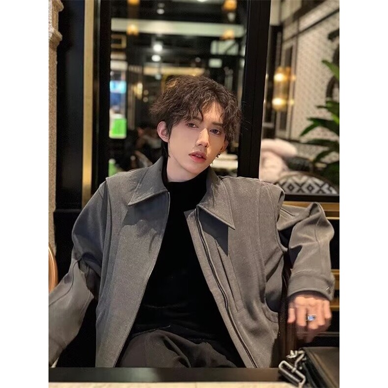 灰色新款短款开衫外套男春秋款高级感痞帅美式飞行员休闲夹克,男装夹克,星座506A