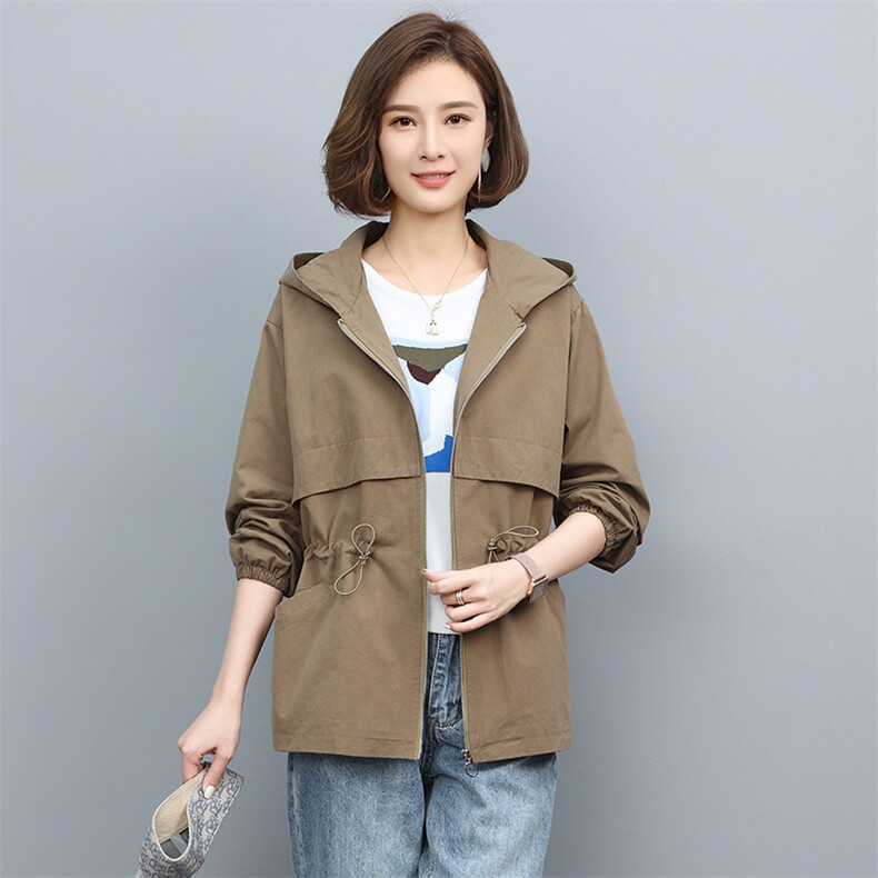 全棉休闲外套女春秋季2024新款小个子宽松连帽妈妈装风衣大码夹克,女装风衣,文熹诺