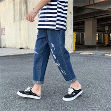 春夏坠感阔腿破洞牛仔裤男潮流直筒宽松裤子痞帅韩版百搭CN60-P35,男装牛仔裤,星座1008-1
