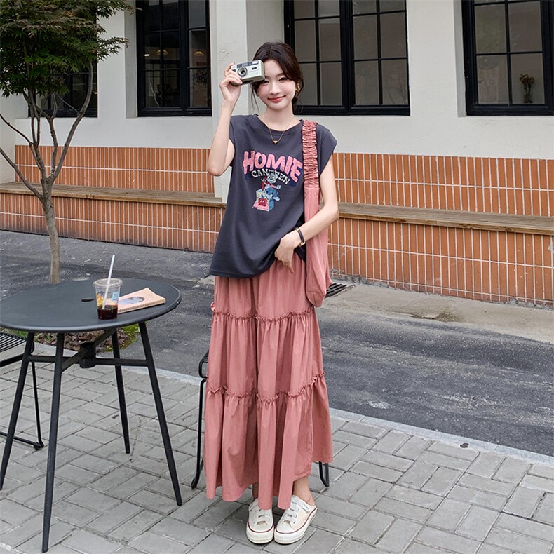 韩版甜美减龄印花背心T恤套装女2025夏季新款显瘦半身长裙两件套,女装套装/套裙,2C203